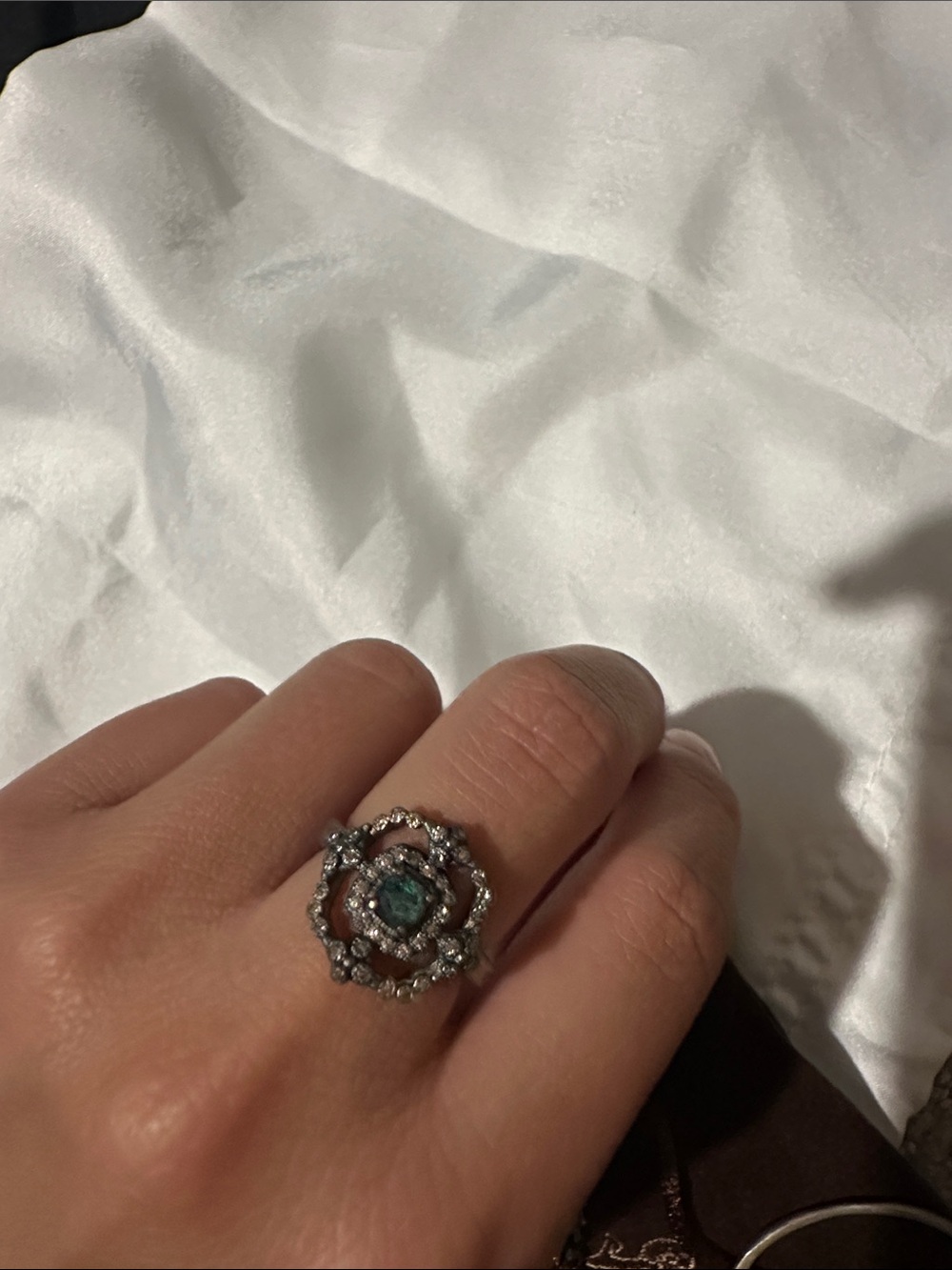 925 Armenta Silver Floral Halo Ring with Emerald Green Center